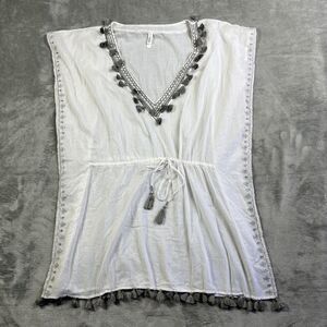 PilyQ PQ Swim Cover-Up Sz XS/S White Gray Tassel Trim Embroidered Boho Beachwear